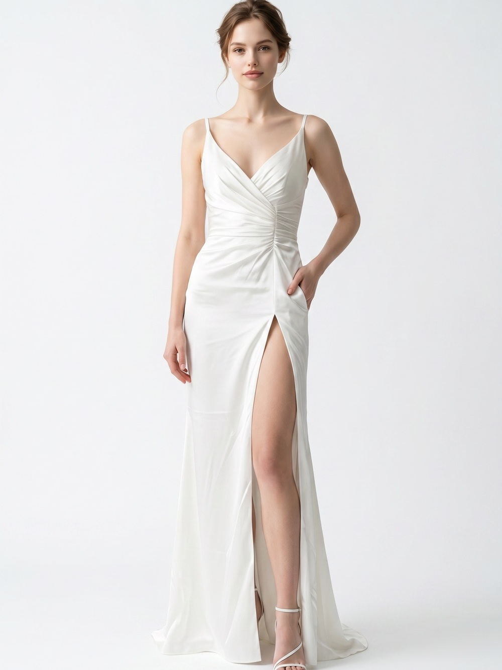 Portia and Scarlett Ivory Satin Ruched V-Neck Gown with Thigh Slit